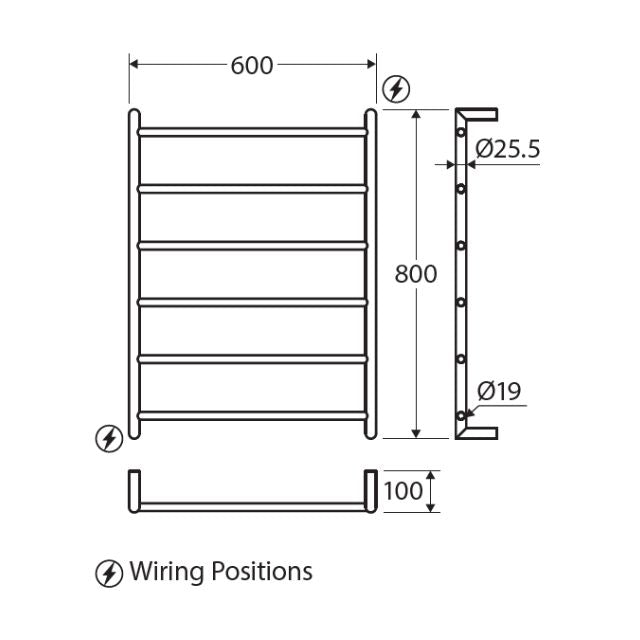 Technical Drawing Fienza Kaya Round Heated Towel Rail 600X800X100mm 6 Bars Matte Black 8286080MB - The Blue Space