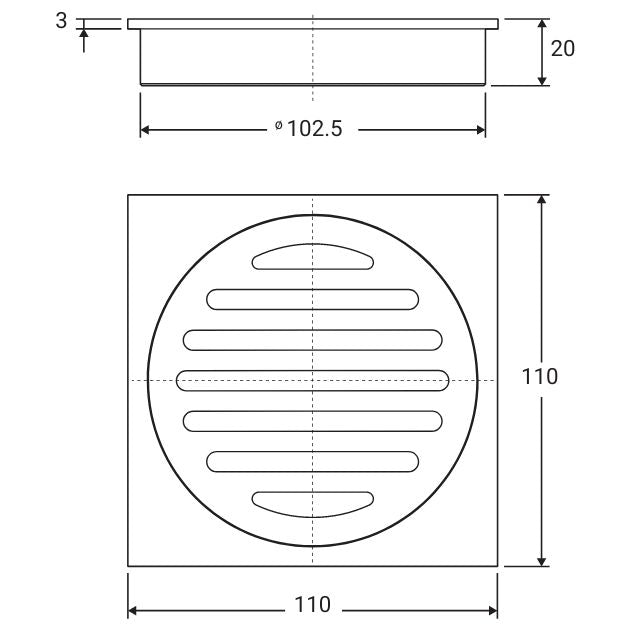 Fienza Square Floor Waste, Round Grate, 100mm Outlet - Chrome