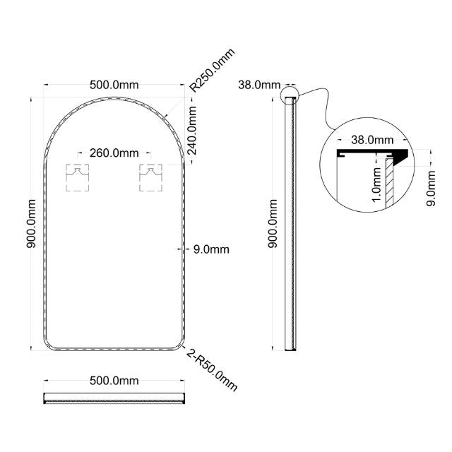 Ingrain Arch Shaped Brushed Gold Framed Mirror 500mm by 900mm