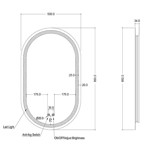 Ingrain Pill Frameless Frontlit and Backlit LED Mirror 500 x 850mm