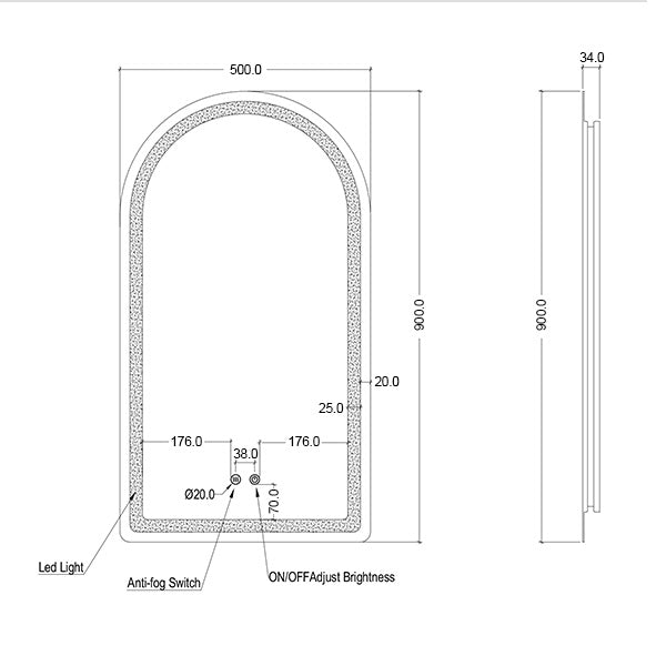 Ingrain Arch Shaped Frameless Frontlit LED Mirror 500mm by 900mm