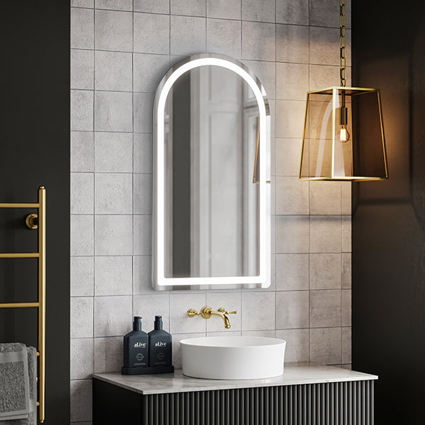 INCAM5090 | Ingrain 500mm by 900mm Arch Shaped Frontlit Mirror with Touch Sensor and Demister Pad Frameless