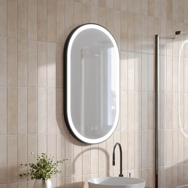INDOM5085-MB | Ingrain 500mm by 850mm Pill Shaped Frontlit Mirror with Touch Sensor and Demister Pad with Matt Black Frame