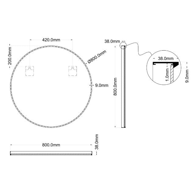 Technical Drawing Ingrain Round Matte Black Framed Mirror 800mm INGRM80-MB - The Blue Space