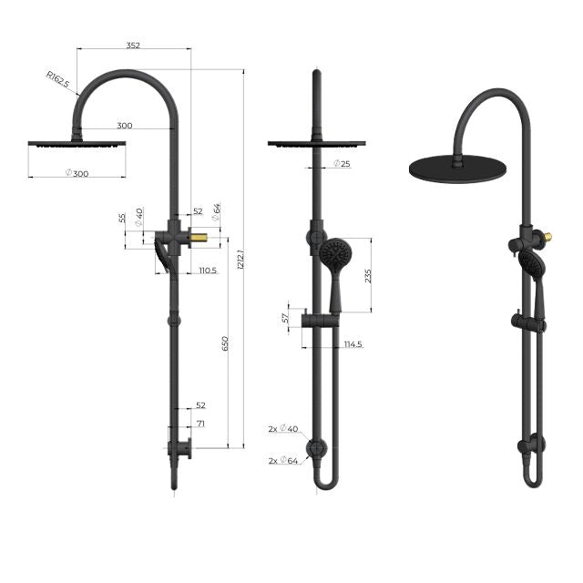 Meir Gooseneck Shower Set with 300mm rose, Three-Function Hand Shower Chrome