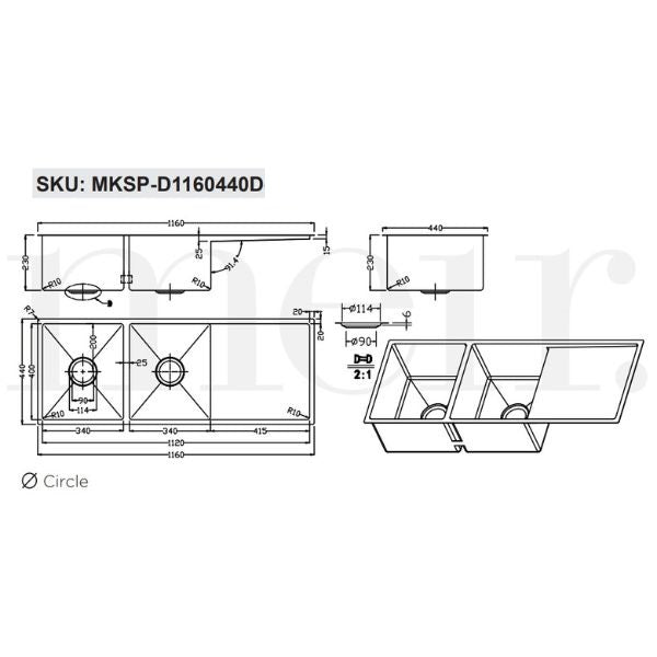 Meir Double Bowl with Drainer Kitchen Sink 1160mm - Brushed Gunmetal