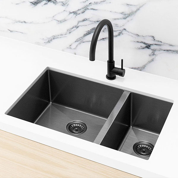 Meir Double Bowl PVD Kitchen Sink 670mm Gunmetal Black - The Blue Space