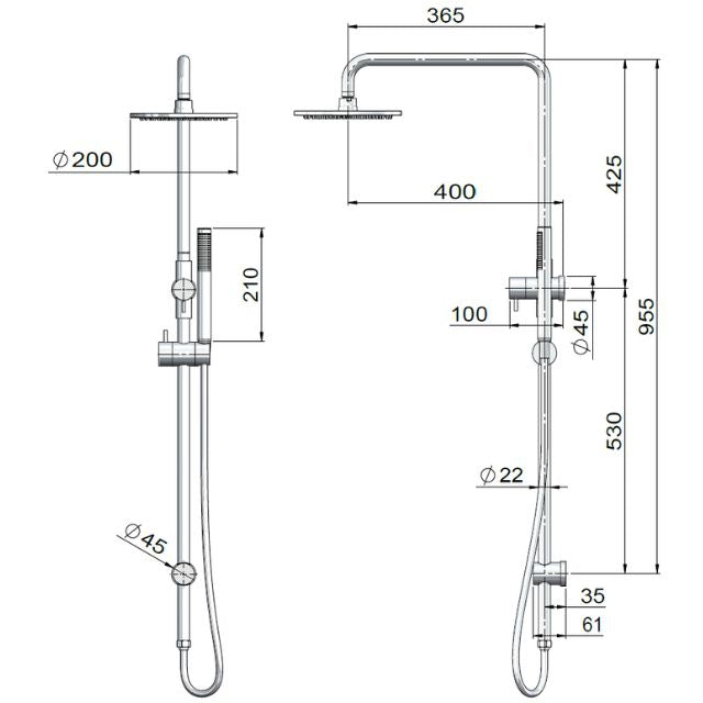 Meir Outdoor Combination Shower Rail 200mm 316 Stainless Steel