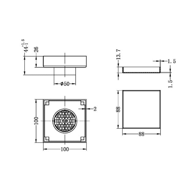 Nero 100mm Square Tile Insert Floor Waste 50mm Outlet Gun Metal