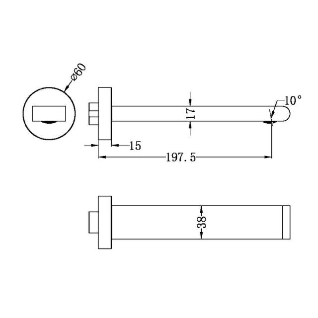 Technical Drawing Nero Bianca Fixed Basin/Bath Spout Only 200mm Gun Metal NR321503GM - The Blue Space
