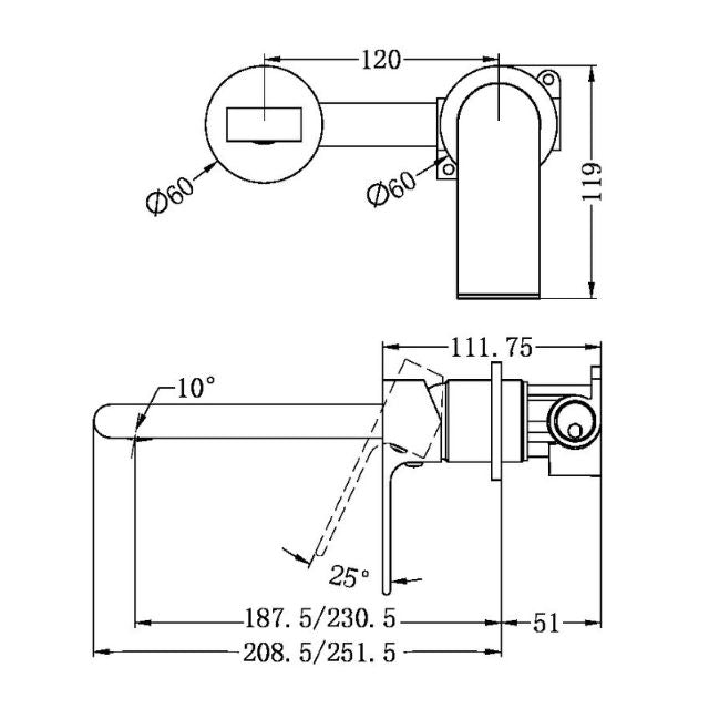Technical Drawing Nero Bianca Wall Basin/Bath Mixer Separate Back Plate 230mm Chrome NR321510FCH - The Blue Space