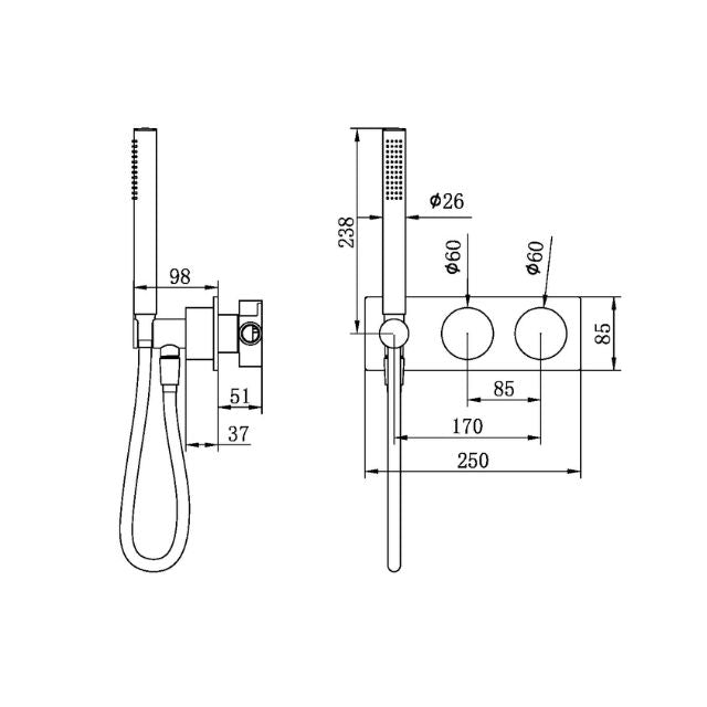 Technical Drawing Nero Kara Progressive Shower System Brushed Bronze NR271903CBZ - The Blue Space
