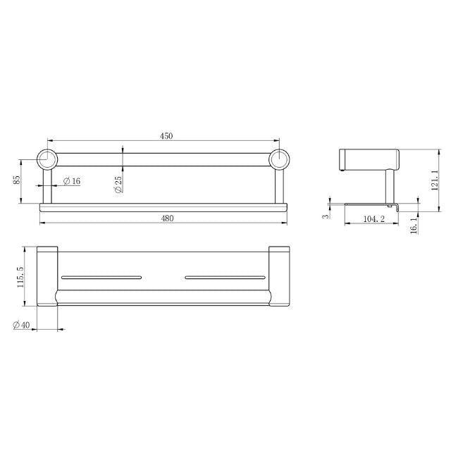 Nero Mecca Care 25mm Grab Rail With Shelf 450mm Brushed Nickel