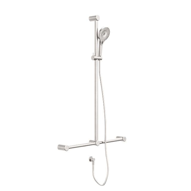 Nero Mecca Care 32mm T Bar Grab Rail and Adjustable Shower Set 1100x750mm Brushed Nickel
