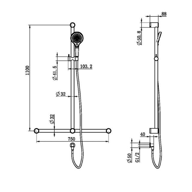Nero Mecca Care 32mm T Bar Grab Rail and Adjustable Shower Set 1100x750mm Gunmetal