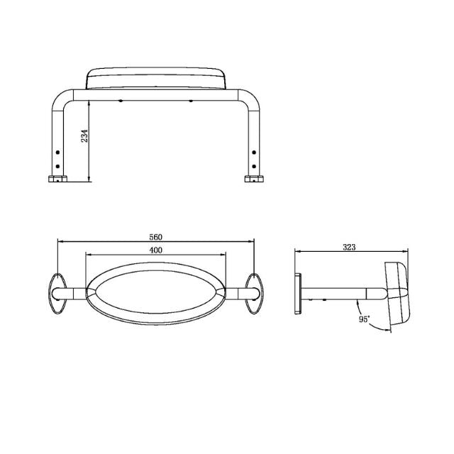 Technical Drawing Nero Mecca Care DDA Toilet Backrest Matte Black NRCR0001MB - The Blue Space