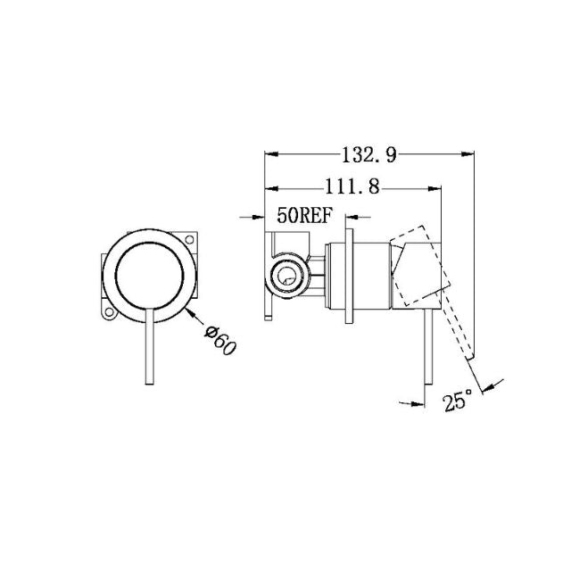 Technical Drawing Nero Mecca Shower Mixer 60mm Plate Matte White NR221911HMW - The Blue Space