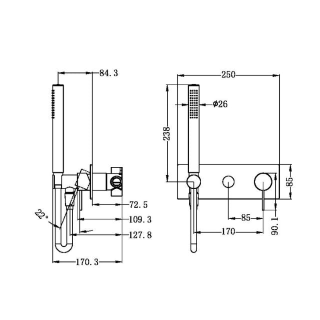 Technical Drawing Nero Mecca Shower Mixer Divertor System Brushed Gold NR221912EBG - The Blue Space