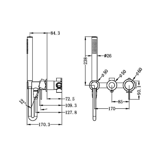 Technical Drawing Nero Mecca Shower Mixer Divertor System Separate Back Plate in Brushed Nickel NR221912FBN - The Blue Space