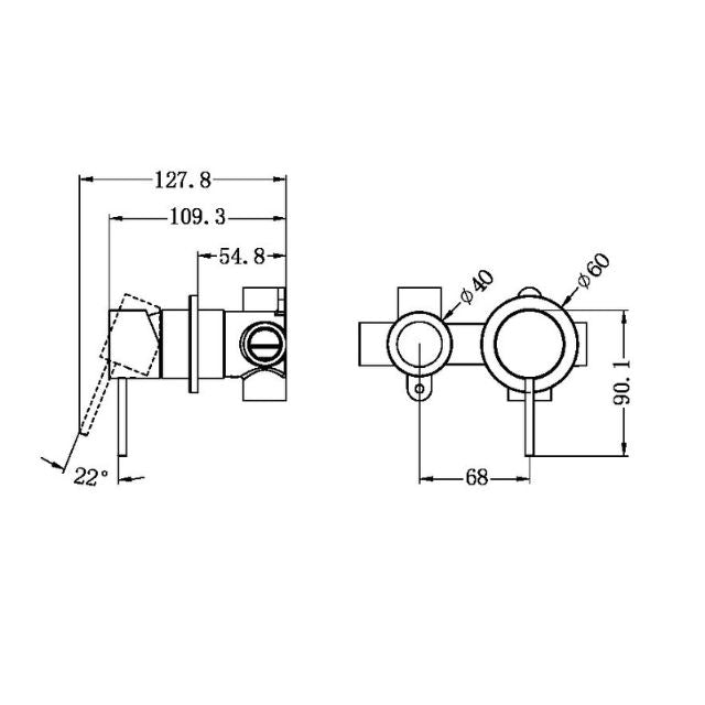 Technical Drawing Nero Mecca Shower Mixer With Horizonal 2 Way Divertor in Brushed Bronze NR221911UBZ - The Blue Space