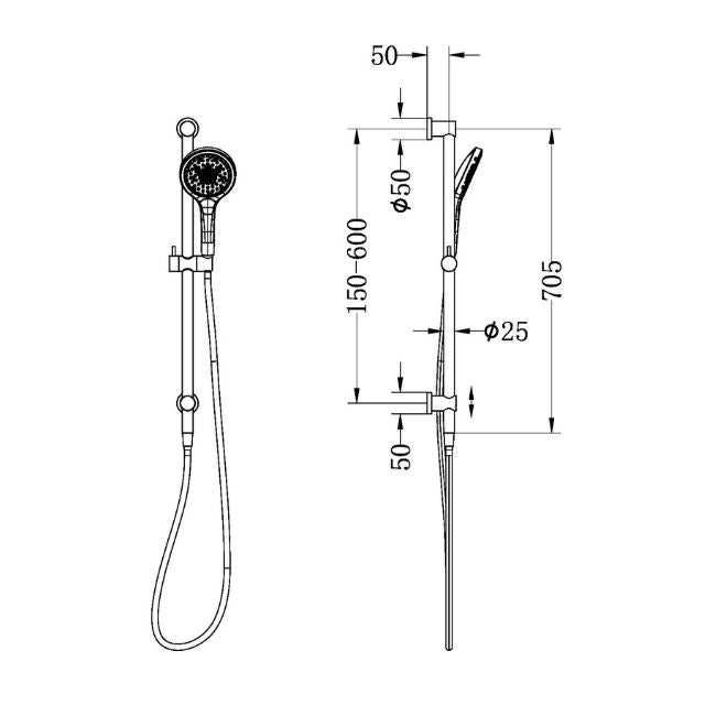 Technical Drawing Nero Mecca Shower Rail With Air Shower II Brushed Gold NR221905GBG - The Blue Space