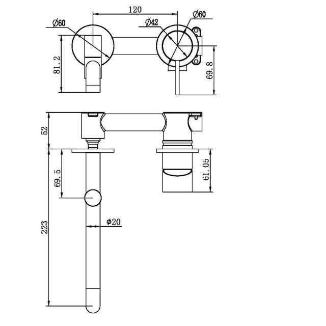 Technical Drawing Nero Mecca Wall Basin/Bath Mixer Set with Swivel Spout Length 225mm in Matte White NR221910RMW - The Blue Space
