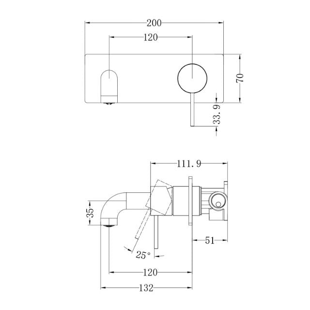 Technical Drawing Nero Mecca Wall Basin Mixer 120mm Spout Brushed Bronze - NR221910a120BZ - The Blue Space