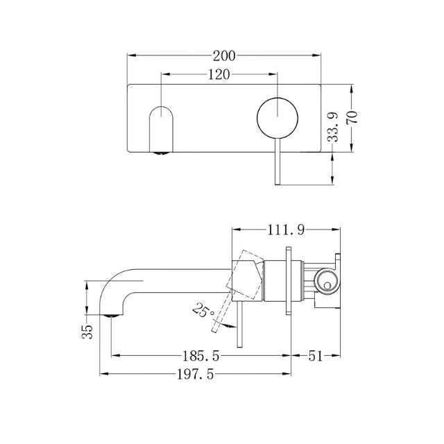 Technical Drawing Nero Mecca Wall Basin Mixer 185mm Spout Brushed Bronze - NR221910a185BZ - The Blue Space