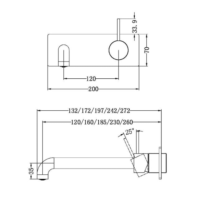 Technical Drawing Nero Mecca Wall Basin Mixer Handle Up 185mm Spout Brushed Bronze - NR221910B185BZ - The Blue Space