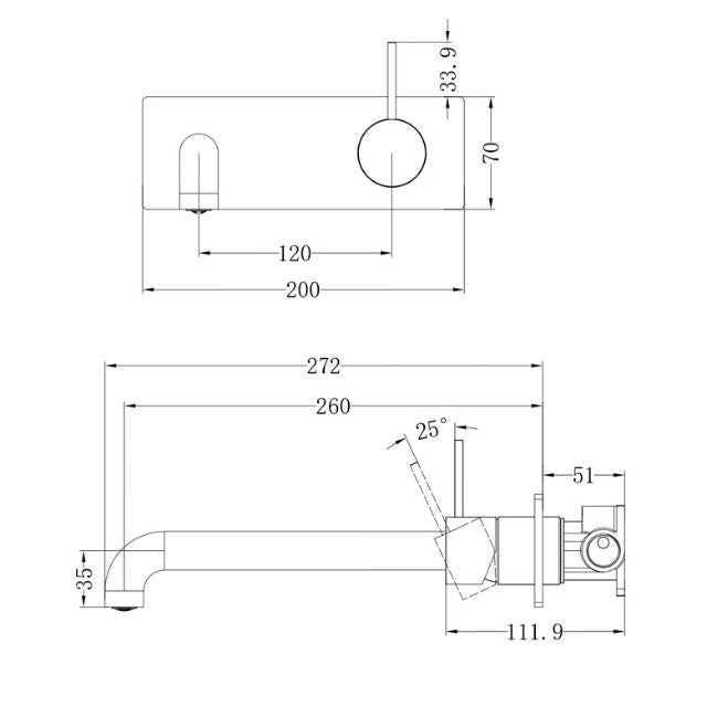 Technical Drawing Nero Mecca Wall Basin Mixer Handle Up 260mm Spout Chrome - NR221910B260CH - The Blue Space