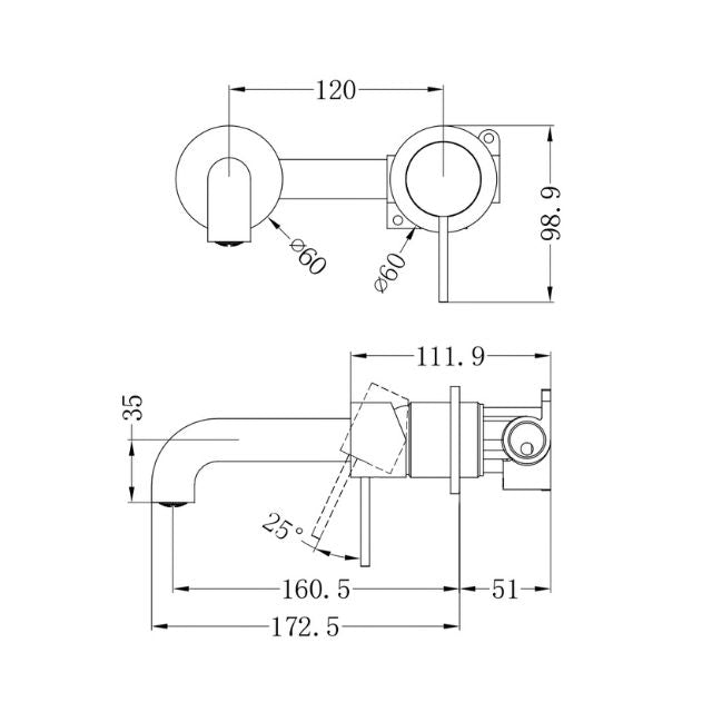 Technical Drawing Nero Mecca Wall Basin Mixer Separate Backplate 160mm Spout Matte White - NR221910C160BZ - The Blue Space