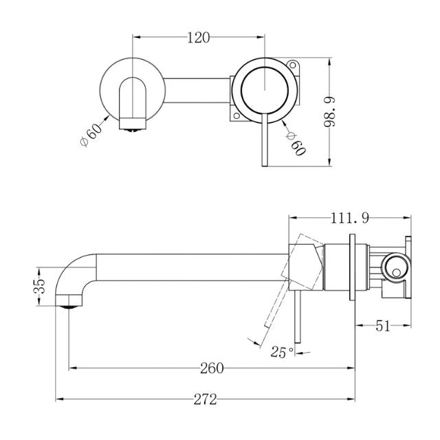 Technical Drawing Nero Mecca Wall Basin Mixer Separate Backplate 260mm Spout Brushed Bronze - NR221910C260BZ - The Blue Space