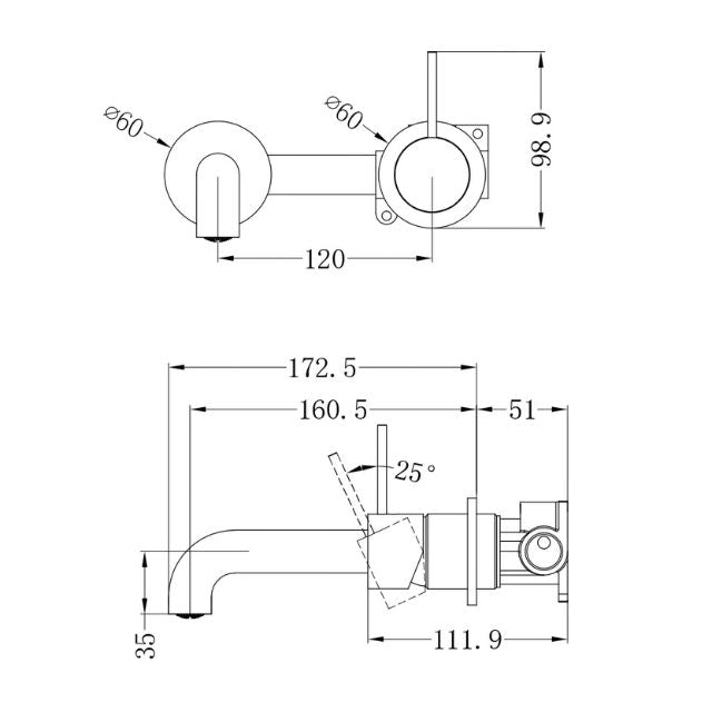 Nero Mecca Wall Basin/Bath Mixer Separate Back Plate Handle Up 160mm Brushed Bronze