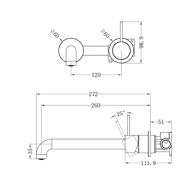 Technical Drawing Nero Mecca Wall Basin Mixer Separate Backplate with Handle Up Wall Mixer and 260mm Spout - Brushed Gold - NR221910D260BG - The Blue Space