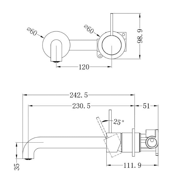 Technical Drawing Nero Mecca Wall Basin Mixer Separate Backplate with Handle Up Wall Mixer and 260mm Spout - Gun Metal - NR221910D260GM - The Blue Space