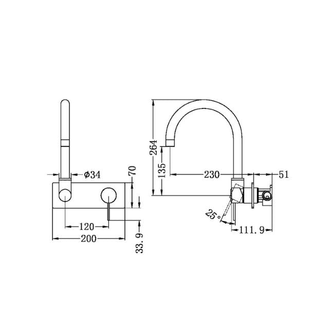 Technical Drawing Nero Mecca Wall Basin / Bath Mixer Set with Swivel Spout in Brushed Gold NR221910QBG - The Blue Space