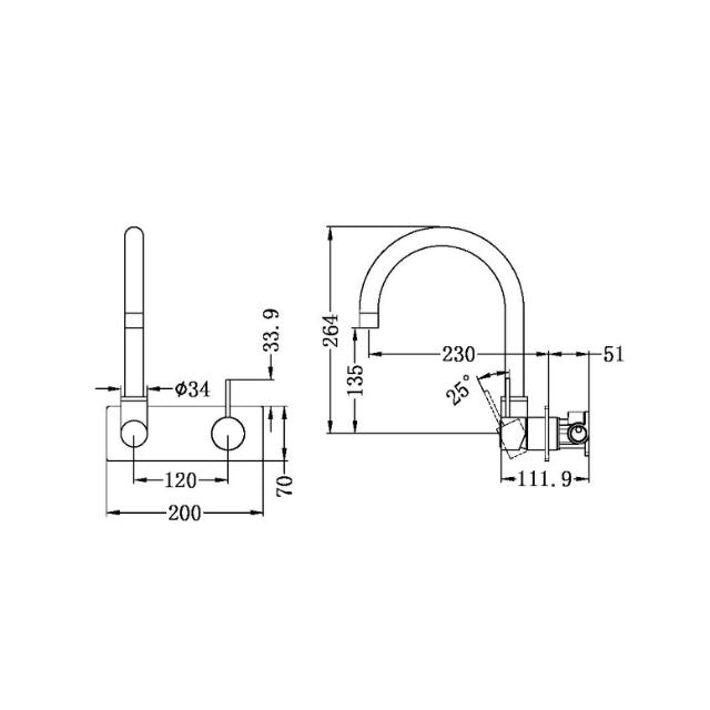 Technical Drawing Nero Mecca Wall Basin/Bath Mixer Swivel Spout with Handle Up Wall Mixer in Matte Black NR221910PMB - The Blue Space