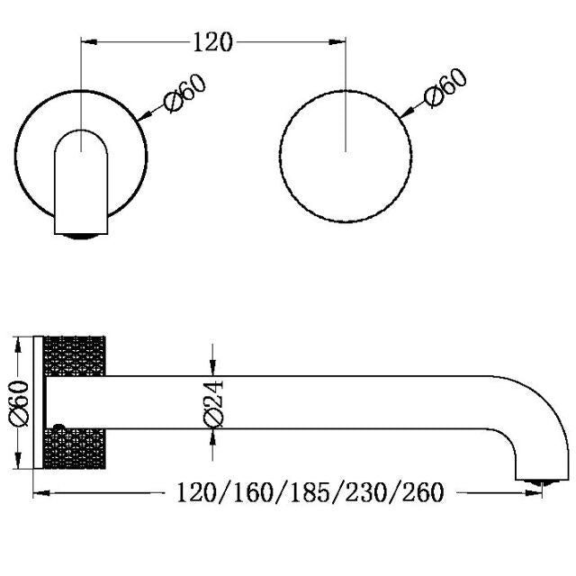 Technical Drawing Nero Opal Progressive Wall Basin/Bath Set 185mm Brushed Bronze NR252007A185BZ - The Blue Space