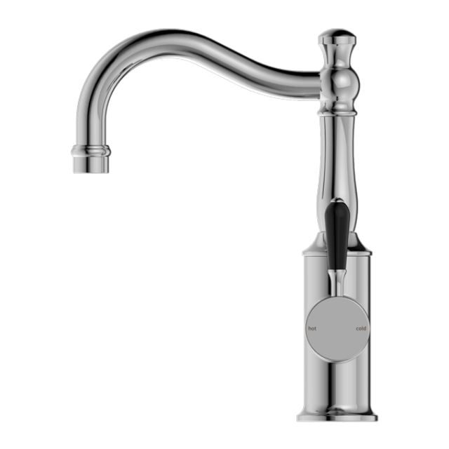 Nero York Basin Mixer Hook Spout With Black Porcelain Lever Chrome