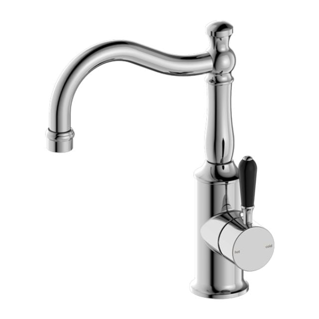 Nero York Basin Mixer Hook Spout With Black Porcelain Lever Chrome