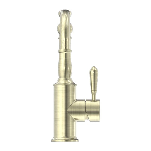Nero York Basin Mixer Hook Spout With Metal Lever Aged Brass