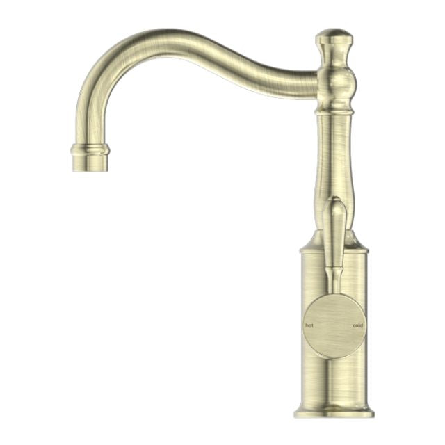 Nero York Basin Mixer Hook Spout With Metal Lever Aged Brass