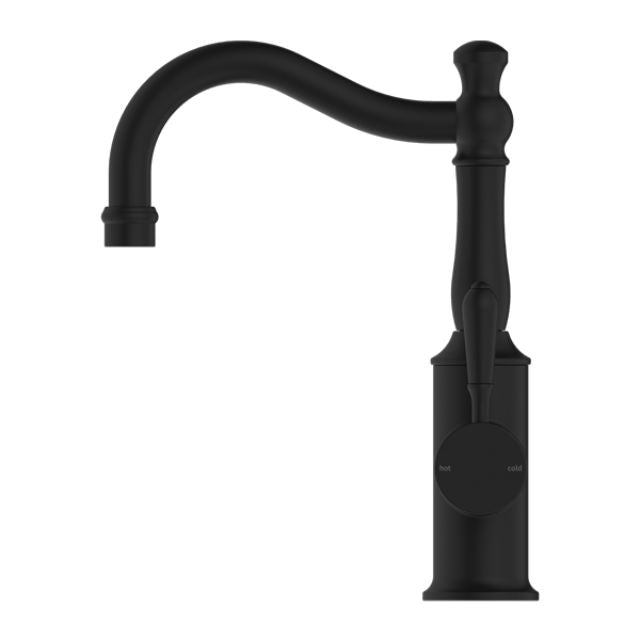 Nero York Basin Mixer Hook Spout With Metal Lever Matte Black