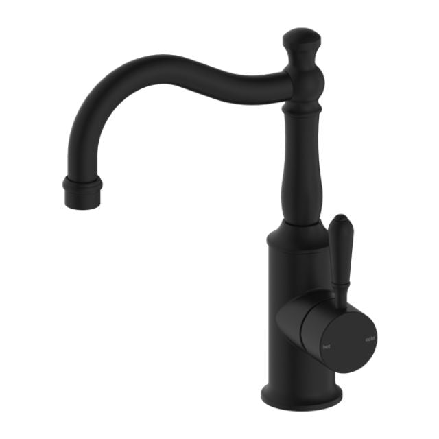 Nero York Basin Mixer Hook Spout With Metal Lever Matte Black