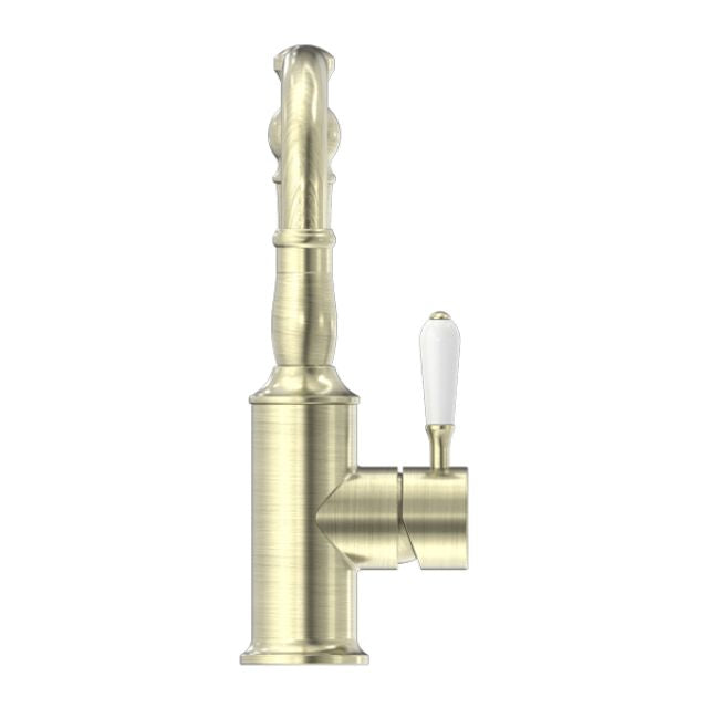 Nero York Basin Mixer Hook Spout With White Porcelain Lever Aged Brass