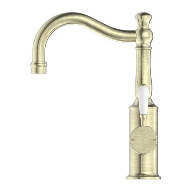 Nero York Basin Mixer Hook Spout With White Porcelain Lever Aged Brass