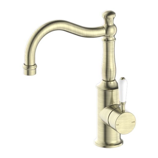 Nero York Basin Mixer Hook Spout With White Porcelain Lever Aged Brass
