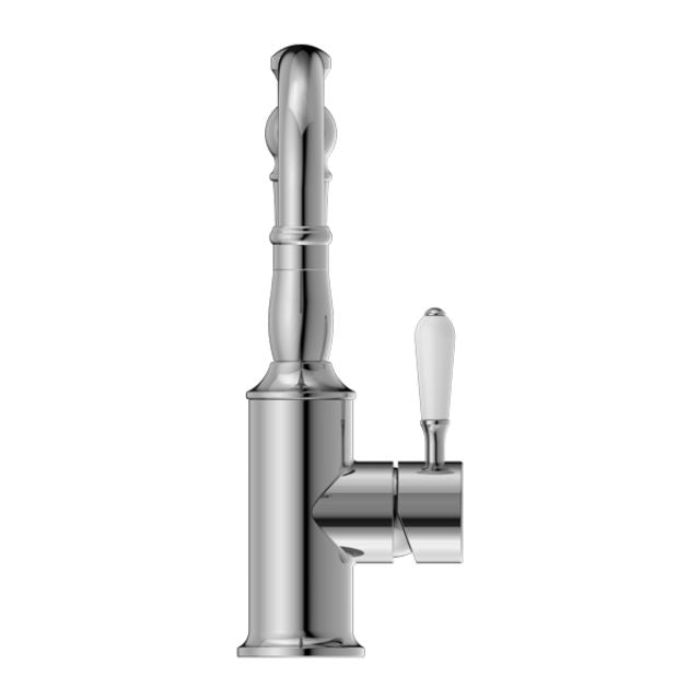 Nero York Basin Mixer Hook Spout With White Porcelain Lever Chrome