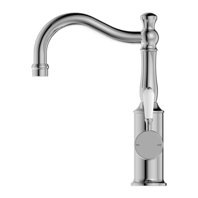 Nero York Basin Mixer Hook Spout With White Porcelain Lever Chrome