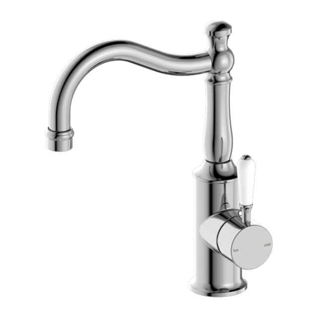 Nero York Basin Mixer Hook Spout With White Porcelain Lever Chrome